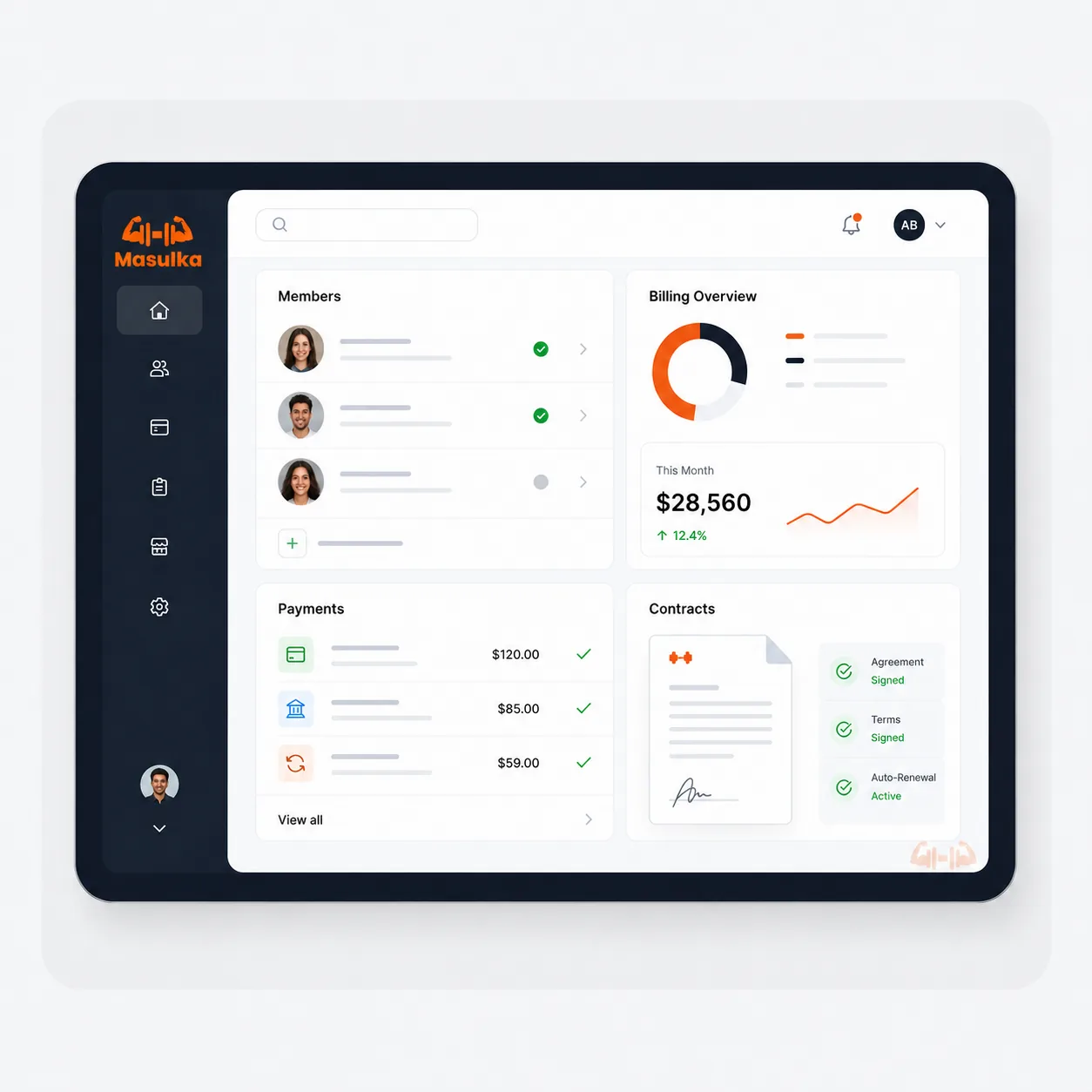 Masulka system dashboard preview for memberships, billing, and contracts